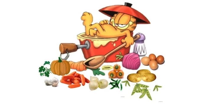 A cartoon cat is cooking vegetables in a pot.