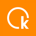 A white logo with the letter k on an orange background.
