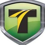 A green shield with the letter t on it.