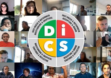 A group of people in a circle with the word discs.