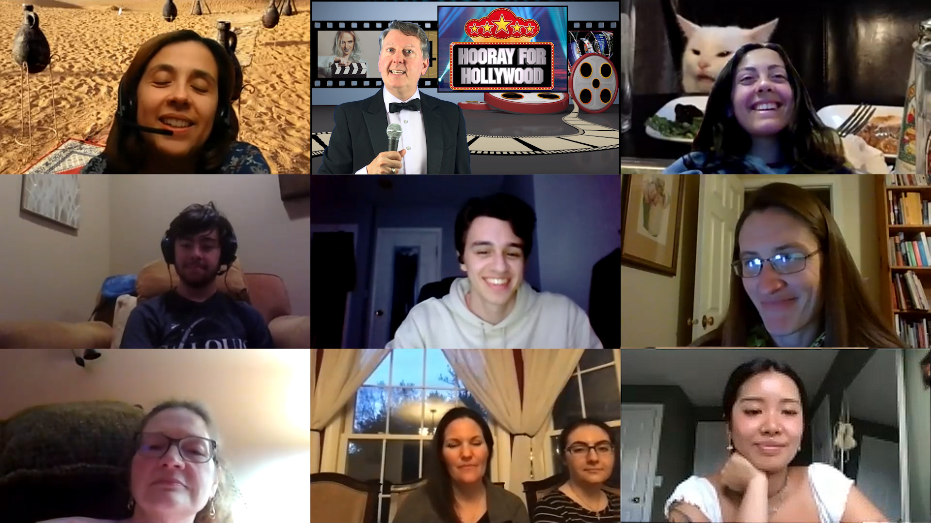 A collage of people in a video chat.
