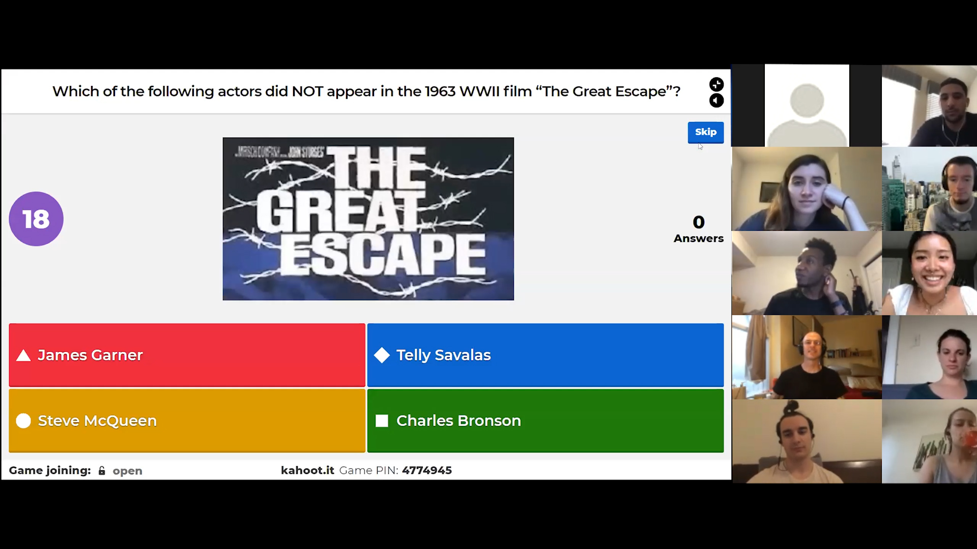 A screen showing a group of people talking about the great escape.
