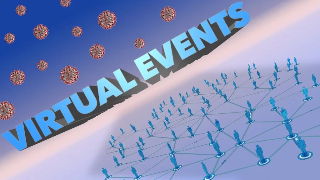 The word virtual events is surrounded by a group of people participating in virtual team building activities.