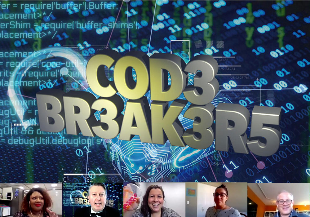 A group of people in front of a computer screen with the words cod3 break3r5.