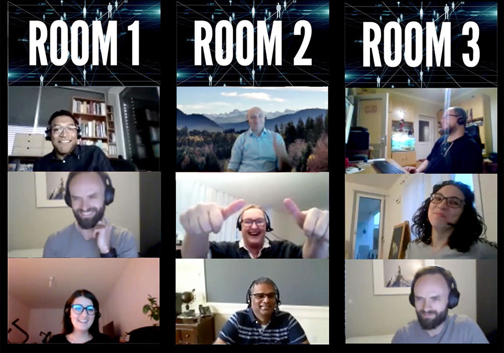 A group of people in a video room.