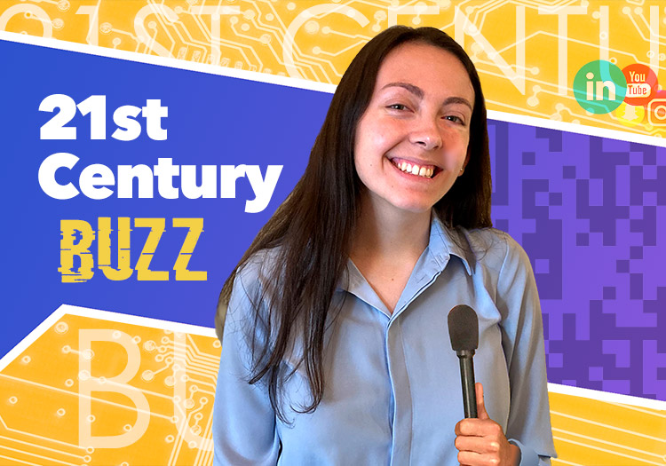 A woman holding a microphone with the words 21st century buzz.
