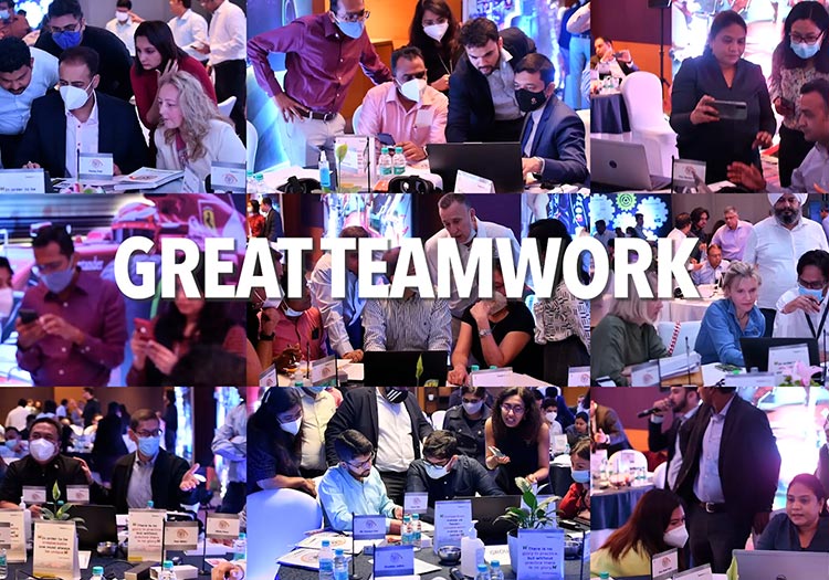 A collage of people at a conference with the words great teamwork.