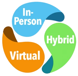 A logo with the words in person hybrid virtual.