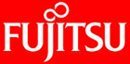 The fujitsu logo on a red background.