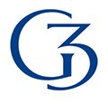 A blue and white logo with the letter g.