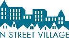 A blue logo with the words st john street village.