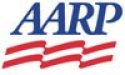 Aarp logo with a red, white and blue background.